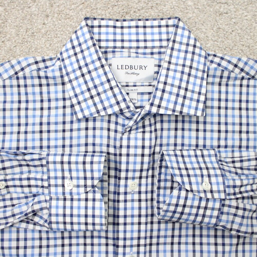 Ledbury Dress Shirt Mens 16 1/2 Blue/White Slim Fit Cotton Long Sleeve Button Up